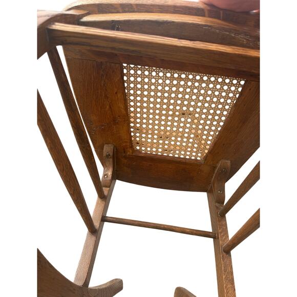 Antique Oak Rocking Chair w/ Carved Back & Cane Seat – 17” Wide Vintage rocker - Picture 10 of 10